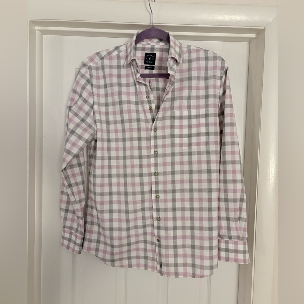 Johnnie-O Top Shelf Plaid Button Down Shirt Men’s Small Pink Gray
